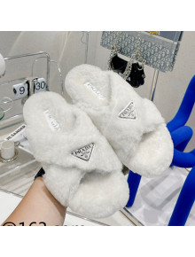 Prada Shearling Wool Cross Slide Sandals White 2021