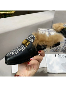 Dior J'Adior Flat Fur Mules in Black Oblique Embroidery 2020