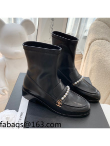 Chanel Leather Pearl Ankle Boots Black 2021