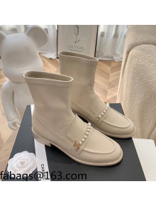 Chanel Leather Pearl Ankle Boots Apricot 2021