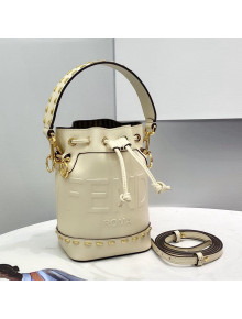 Fendi Mon Tresor Mini Bucket Bag in Metal Stitching Leather White 2021