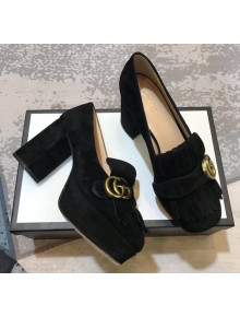 Gucci Suede Leather Heel Platform Pump with Fringe 573019 Black 2019