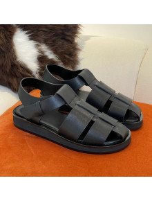 The Row Grained Calfskin Flat Roman Sandals Black 2022 030742