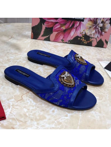 Dolce&Gabbana DG Lace Flat Slide Sandals Royal Blue 2021