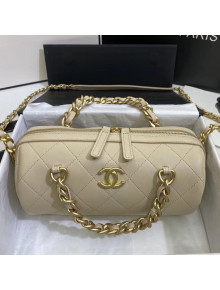 Chanel Quilted Lambskin Bowling Bag with Chain Top Handle Light Beige 2020
