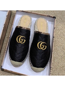 Gucci Chevron Raffia Flat Espadrille Mules with Double G 578554 Black 2019