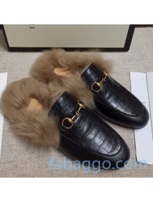 Gucci Princetown Stone-Calfskin Wool Slipper Black 2020