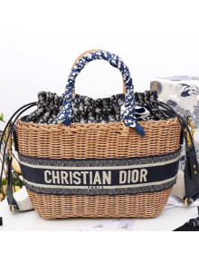 Dior Wicker Basket Tote Bag in Blue Oblique Jacquard and Natural Wicker 2021
