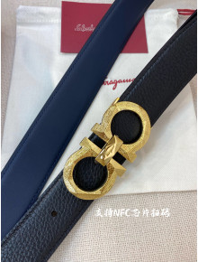 Ferragamo Men's Gained Calf Leather Belt 3.5cm Black/Blue/Shiny Gold 2022 033132