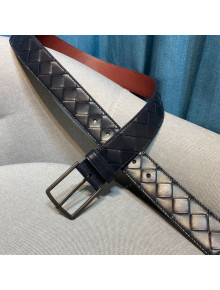 Bottega Veneta Woven Leather Belt 35mm with Matte Frame Buckle Navy Blue 2019