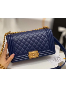 Chanel Quilted Origial Haas Caviar Leather Medium Boy Flap Bag Blue with Matte Gold Hardware(Top Quality)