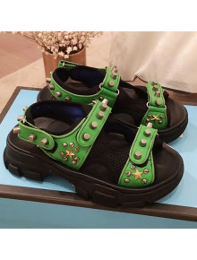 Gucci Flat Leather and Mesh Sandal with Studs 549909 Green/Black 2019 