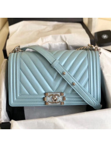 Chanel Metallic Lambskin Medium BOY CHANEL Handbag with Resin & Silver-tone Metal A67086 Lake Blue 2018