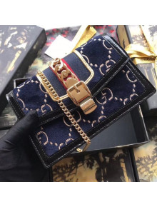 Gucci Sylvie GG Velvet Small Chain Bag 494642 Blue 2018
