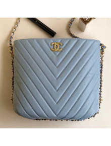 Chanel Chevron Leahter Multicolor Chain Bucket Bag Light Blue 2018
