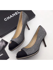 Chanel Logo Glitter Fabric Pumps Heel 65mm Silver/Black 2018