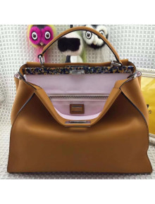 Fendi Calfskin Peekaboo Regular Bag with Multicolor Bar Brown