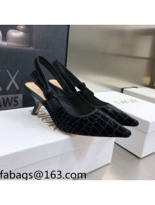 Dior J'Adior Slingback Pumps 6.5cm in Black Crocodile-Effect Embroidered Velvet 2021