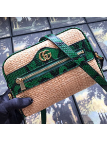 Gucci Ophidia Straw-Effect Fabric and Snakeskin Mini Shoulder Bag 574493 Beige/Green 2019