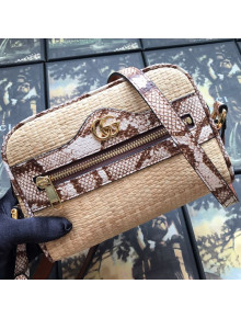 Gucci Ophidia Straw-Effect Fabric and Snakeskin Mini Shoulder Bag 574493 Beige/Brown 2019