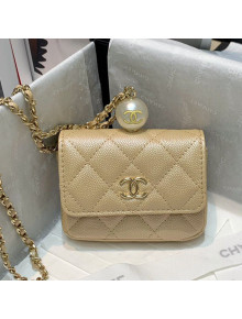 Chanel Iridescent Grained Calfskin Flap Coin Purse with Pearl and Chain AP2118 Beige 2021