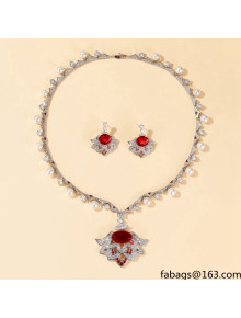 Bvlgari Pearl and Crystal Earrings/Necklace Red 08 2021