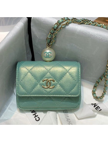 Chanel Iridescent Grained Calfskin Flap Coin Purse with Pearl and Chain AP2118 Green 2021