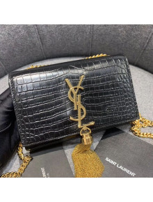 Saint Laurent Kate Small with Tassel in Embossed Crocodile Shiny Leather 354120 Black/Gold 