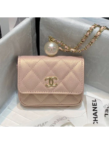 Chanel Iridescent Grained Calfskin Flap Coin Purse with Pearl and Chain AP2118 Pink 2021
