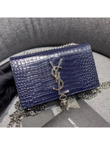 Saint Laurent Kate Small with Tassel in Embossed Crocodile Shiny Leather 354120 Blue