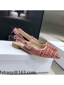 Dior J'Adior Slingback Ballerina Flat  in Pink Crocodile-Effect Embroidered Velvet 2021