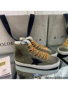 Golden Goose Francy Sneakers in Army Green Suede with Shearling Lining 2021