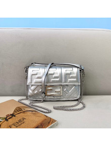 Fendi Baguette Mini FF Logo Lambskin Flap Bag Silver 2022