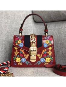 Gucci Sylvie Embroidered Flower Patent Leather Top Handle Mini Bag 470270 Red 2018