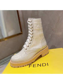 Fendi Rockoko Stone Embossed Calfskin and Knit Ankle Boots White 2021