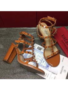 Valentino Rockstud Patent Calfskin Sandal with 9.5CM Heel Brown 2017
