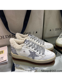 Golden Goose Ball Star Sneakers in White leather with Silver Glitter Details and Shearling Lining 2021
