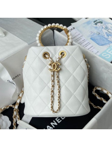 Chanel Lambskin Bucket Bag with Pearl Handle AS2608 White 2021