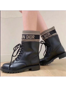 Dior D-Major Short Boots in Black Calfskin and Taupe Technical Fabric 2020