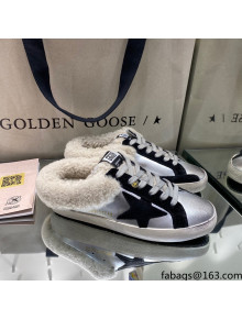 Golden Goose Super-Star Sabots in Silver Leather with Shearling Lining and Black Star 2021