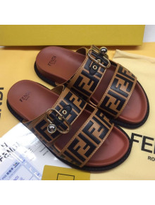 Fendi FF Leather Flat Slide Sandals Coffee Brown 2020 (For Women and Men)