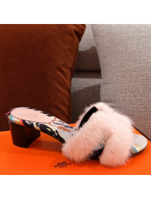 Hermes Oran Mink Fur Heeled Slide Sandals Pale Pink 2021
