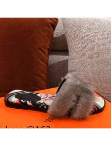 Hermes Oran Mink Fur Flat Slide Sandals Dark Grey 2021