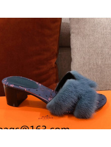 Hermes Oran Mink Fur Heeled Slide Sandals Dark Blue 2021