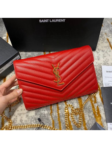 Saint Laurent Monogram Chain Wallet in Grained Leather 377828 Red/Gold 2021