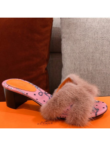 Hermes Oran Mink Fur Heeled Slide Sandals Light Brown 2021