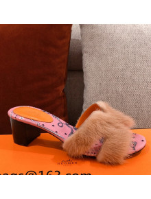 Hermes Oran Mink Fur Heeled Slide Sandals Camel Brown 2021
