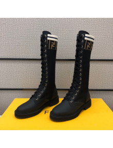 Fendi Matte Calfskin FF Knit Sock Medium High Boots Black 2020
