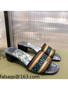Dior Dway Heeled Slide Sandals in Zodiac Embroidered Cotton Multicolor/Blue 2021