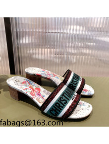 Dior Dway Heeled Slide Sandals in Zodiac Embroidered Cotton Multicolor/Pink 2021